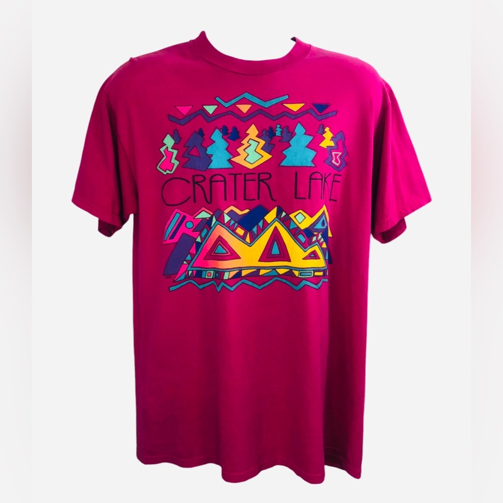Vintage 90’s L Crater Lake Graphic T-shirt Jerzees Pink Tee State Park USA Made